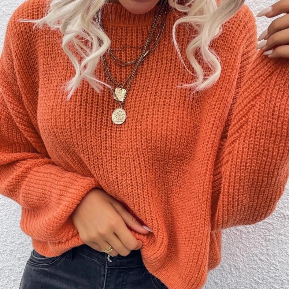 SOLD OUT Pumpkin Orange Drop Shoulder Knit Cropped Pullover Long Sleeve Sweater - Picture 3 of 3